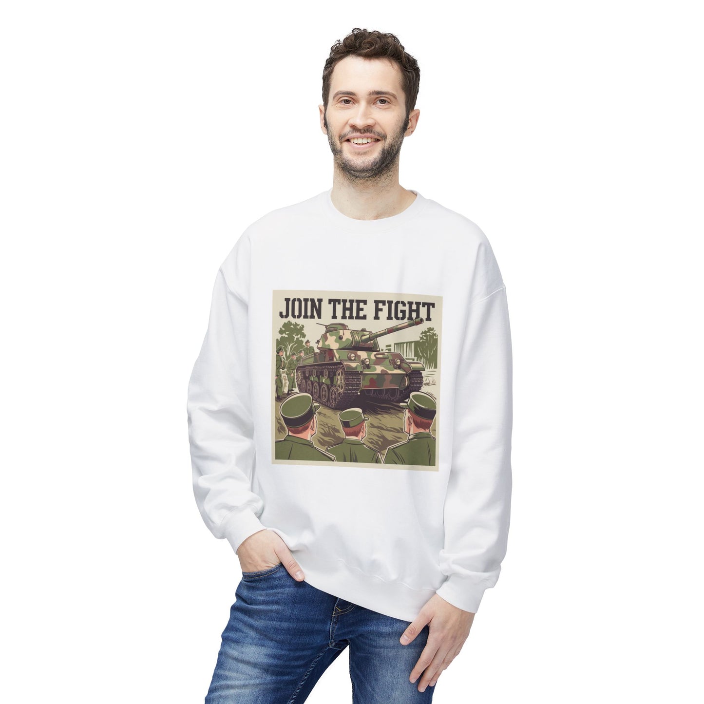 Join the Fight Military Sweatshirt | Support Our Troops Apparel with Armored Tank Design