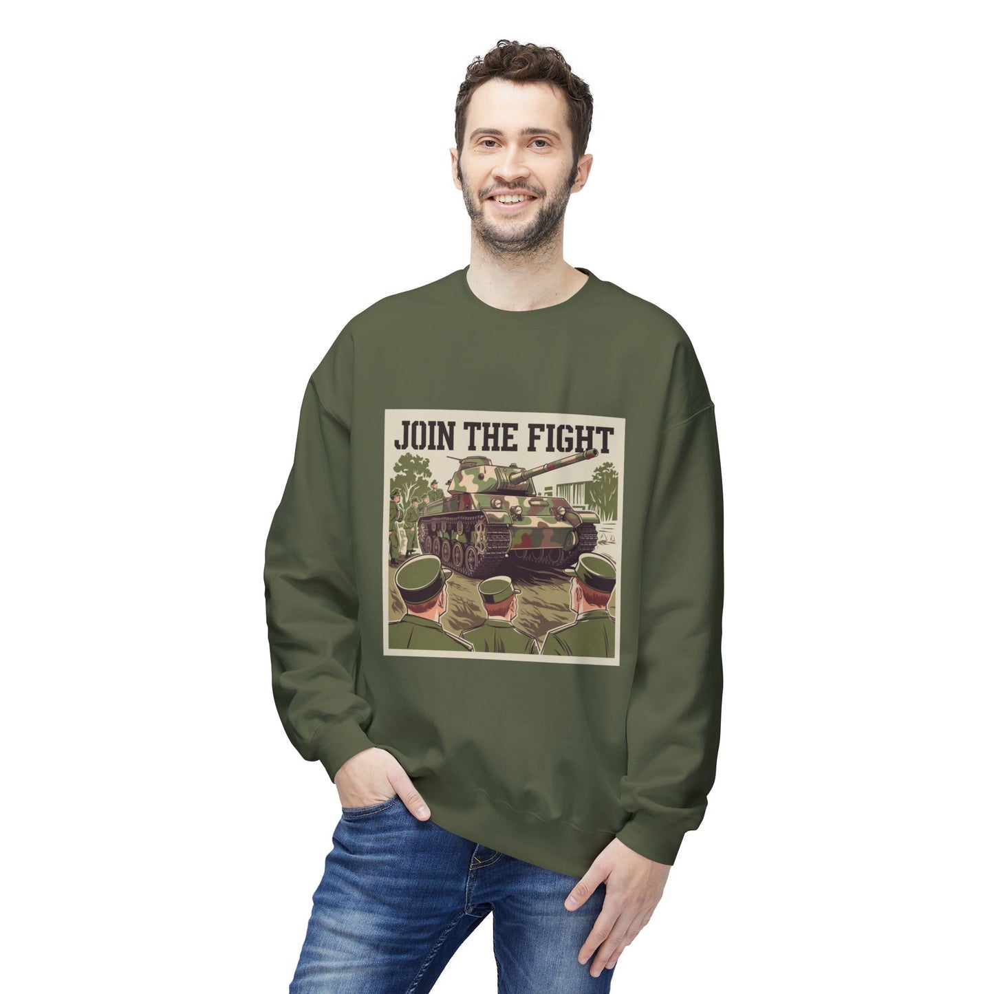 Join the Fight Military Sweatshirt | Support Our Troops Apparel with Armored Tank Design